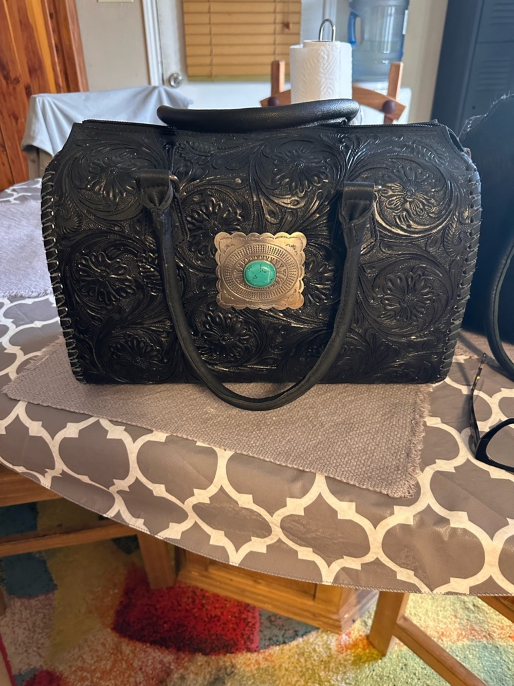 Large Black Tooled Leather Satchel with Turquoise Accent
